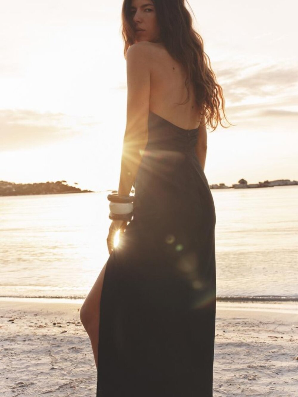 Zara Black Draped Linen Midi Dress Halter V‑Neck Ruched Side Slit Large Summer - Picture 5 of 11